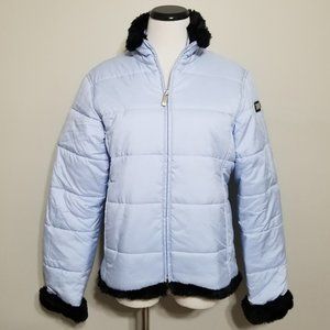 Spyder Blue Puffer Jacket 8 Womens Vintage y2k Black Faux Fur Trim Ski Coat